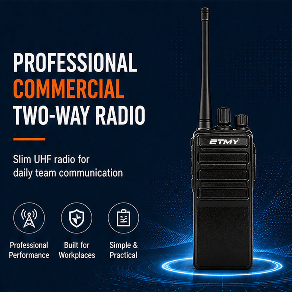 ETMY ET-99 Slim UHF walkie-talkie with 1500mAh battery, 5V USB charging, 16 channels, and CTCSS/DCS
