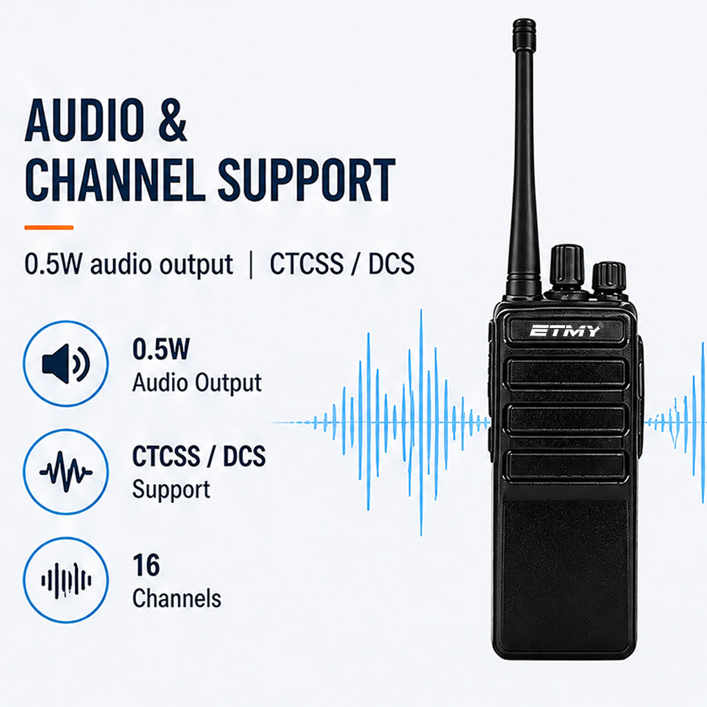 ETMY ET-99 Slim UHF walkie-talkie with 1500mAh battery, 5V USB charging, 16 channels, and CTCSS/DCS