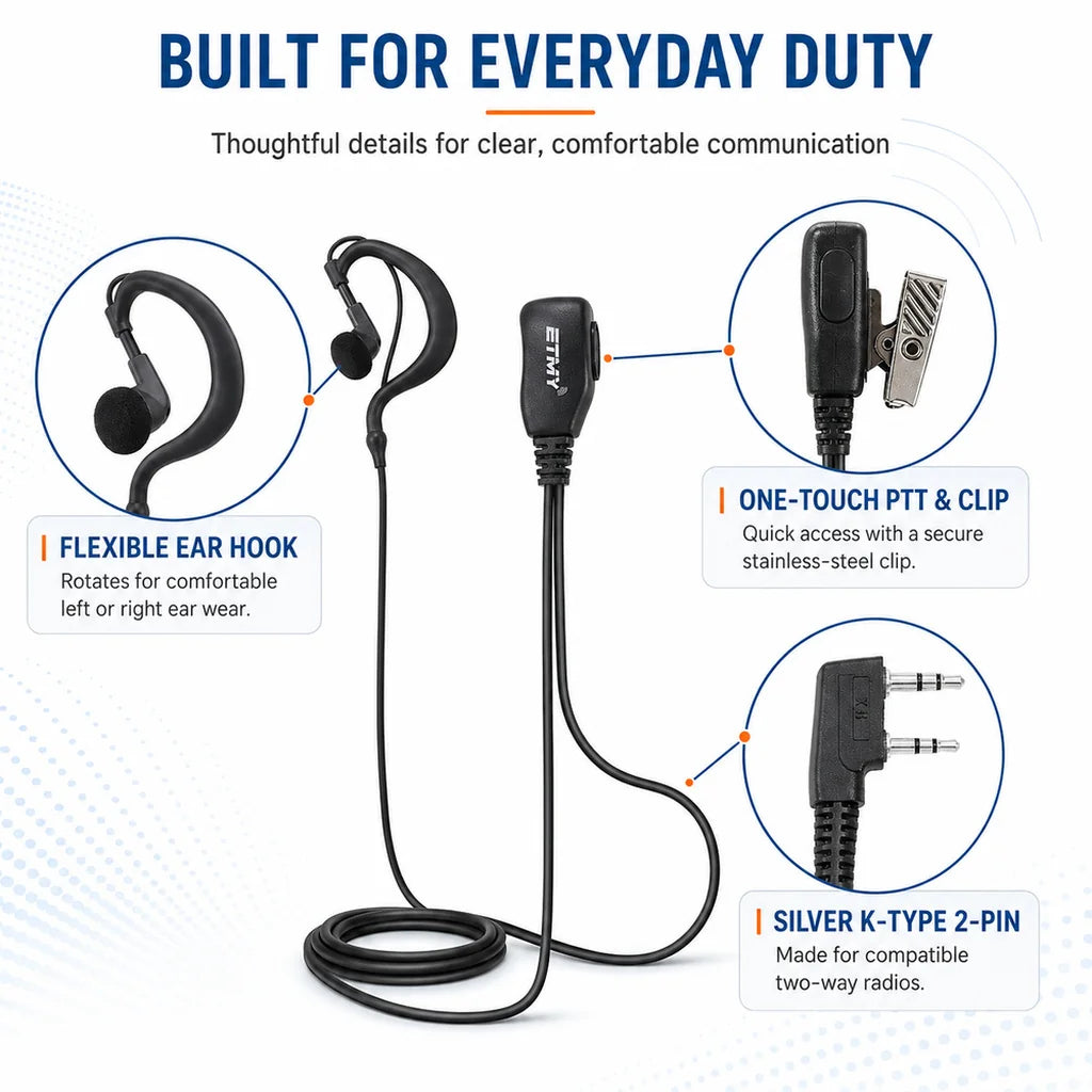 ETMY ET-ER20 Single-Ear Walkie-Talkie Headset | K Connector | 360° Rotating Clip | Compatible with Kenwood TK Series
