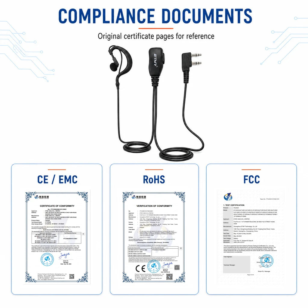 ETMY ET-ER20 Single-Ear Walkie-Talkie Headset | K Connector | 360° Rotating Clip | Compatible with Kenwood TK Series